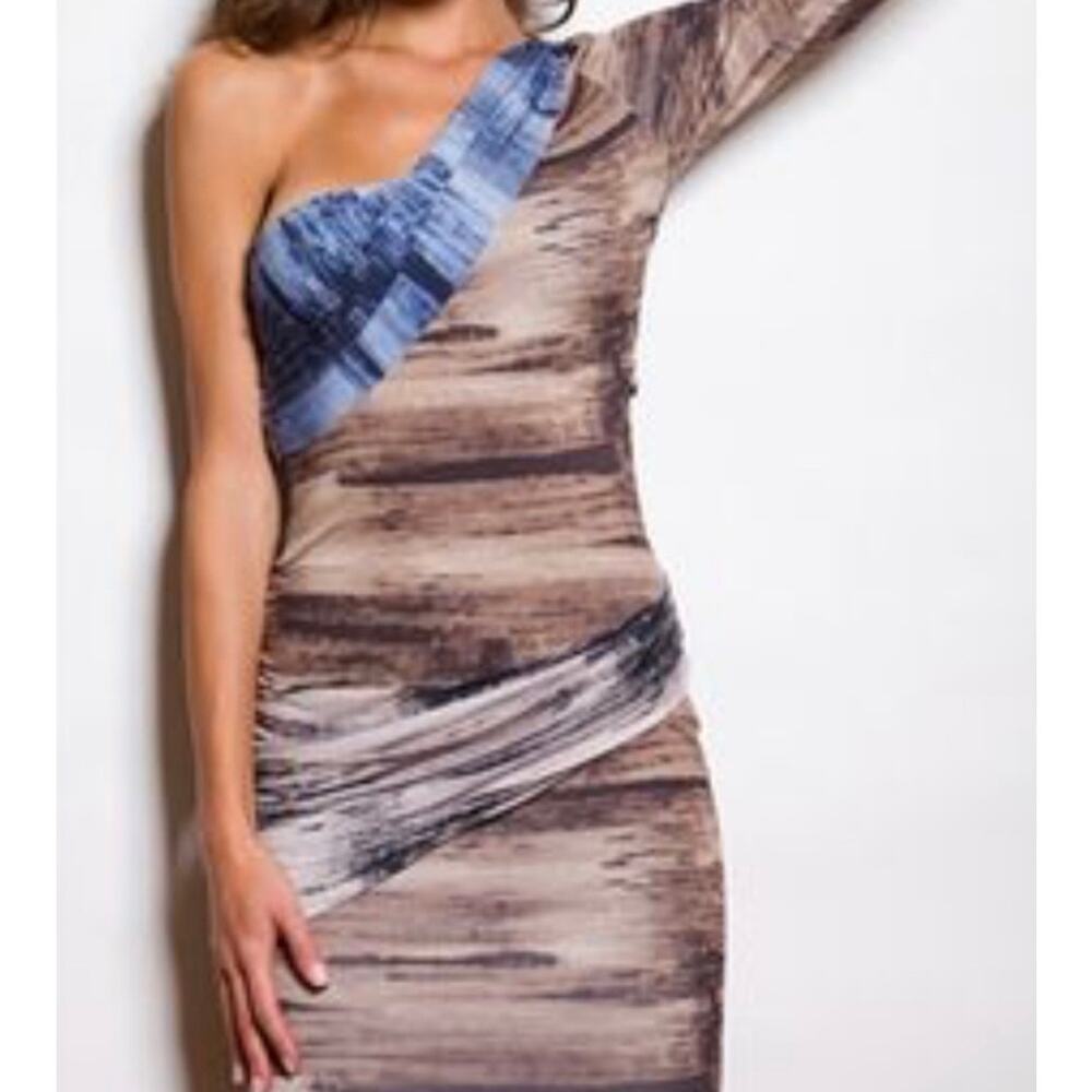 NWT Torn Ronny Kobo Paula Draped Dress Size Large Mixed Brush Print Brown Blue